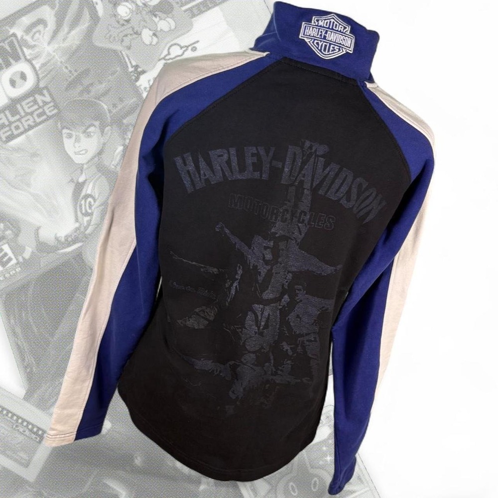 Vintage Y2K Black & Blue Striped Harley Davidson Graphic Quarter Zip Pullover